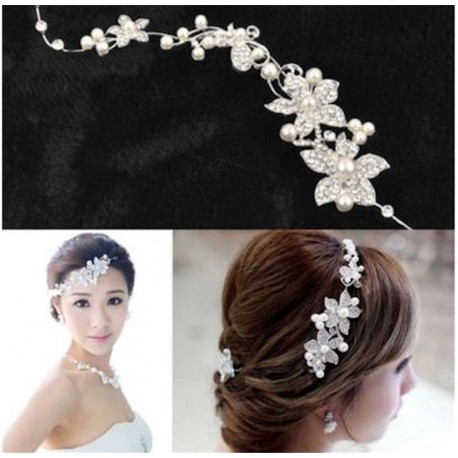 Crystal Rhinestone Faux Pearl Flower Party Bridal Headband Tiara Clear