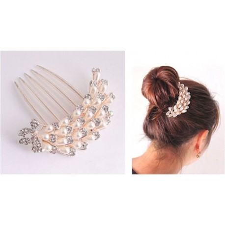 Girl's Rhinestone Bow Faux Pearl Wedding Party Hair Comb Hairpin Clip