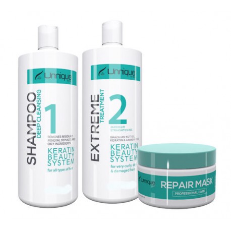 Unnique Extreme Keratin Treatment Kit 1)Shampoo 16 oz 1)Extreme Keratin 16oz 1) Mask 16 oz. (Step 2)