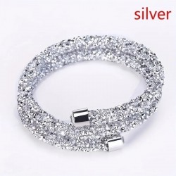 Double Crystal Bracelets Two Laps Wrap Bracelet, Stainless Steel Rhinestone Crystal Bangle- Silver