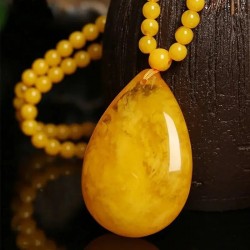 1pc Amber Beeswax Water Drop Pendant, Yellow Sweater Chain Necklace