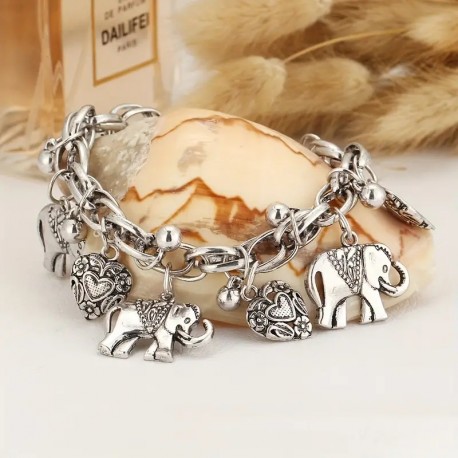 Men's Fashion Vintage Carved Elephant Bracelet Peach Heart Bracelet