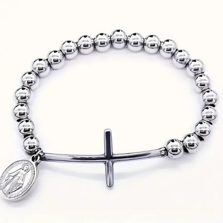 1pc Stainless Steel Jewelry,8mm Round Rosary Bead Bracelet Elastic Cord, Unisex